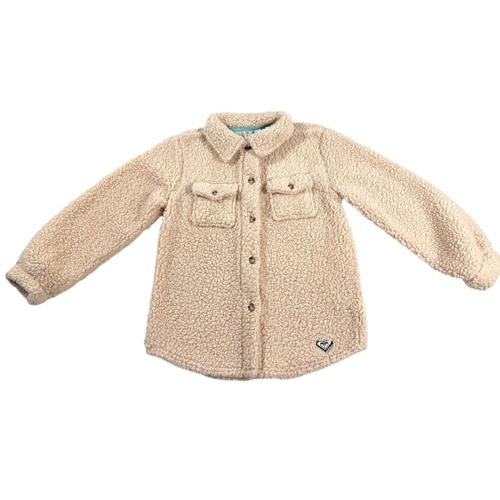 Roxy Girls Sherpa Shacket Jacket Size L Youth Cream Button Front Cozy Winter